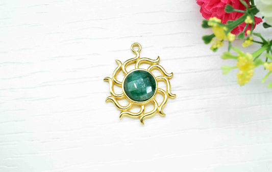 Emerald  Gemstone Component, Single Bail Charm , Emerald Connector Pendant , Gold Plated Connectors , Earring Component , B'day Gift