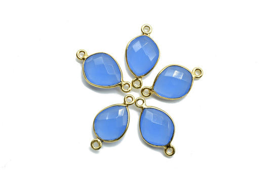 Blue Chalcedony 10x13mm Eye shape double loop charms,Blue Chalcedony pendants, Gold Plated,double Bail Connectors,Jewelry Bezel Set Charms