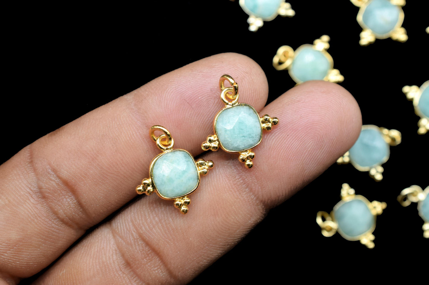 Amazonite 8mm Cushion Bezel charm/Station Bezel Link Supplies/Amazonite Jewelry Making/Square Pendant//Gemstone Connector Pendant