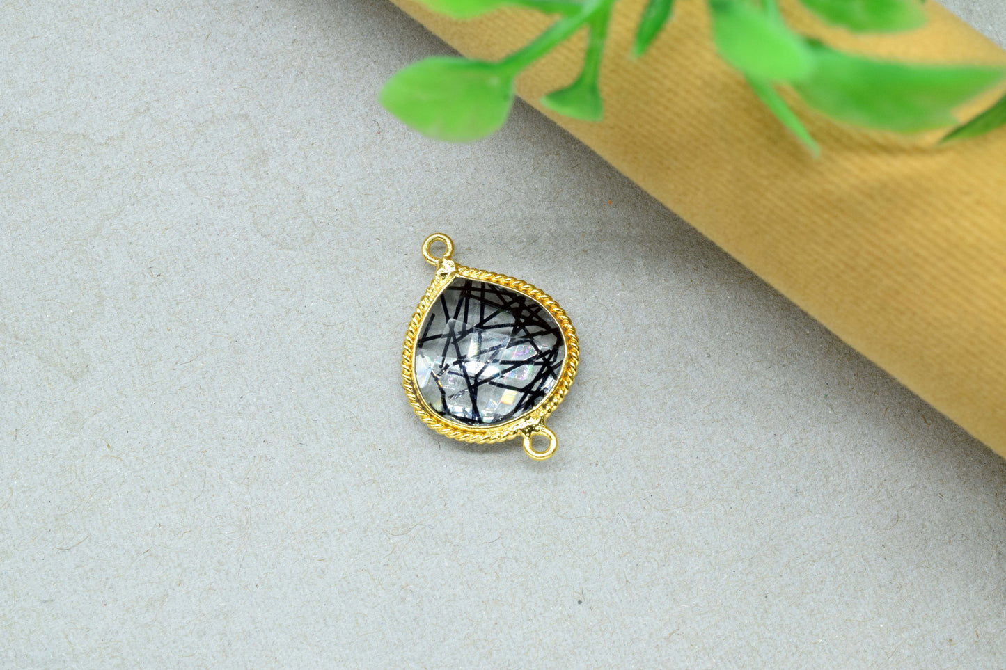 Rutile Gold Plated bezel jewelry making charms,Rutile Double Bail pendant,Rutile Charms jewelry,Black Rutile Gemstone 14mm Heat shape charm
