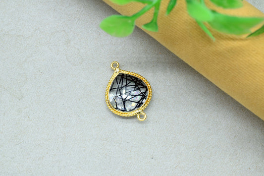 Rutile Gold Plated bezel jewelry making charms,Rutile Double Bail pendant,Rutile Charms jewelry,Black Rutile Gemstone 14mm Heat shape charm