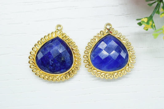 Blue Sapphire 20mm Heart Bezel Charms,Gemstone Brass Component,Single Bail Pendant,Handmade Jewellery Connectors,Wholesale Jewelry,Bday Gift