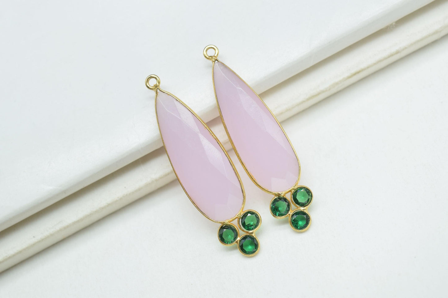 Rose Quartz 10x30mm Pear shape Bezel charms,Rose Quartz Pendant,Pink Gemstone connector,Rose Quartz  Jewelry,Cubic zirconia Bezel charm,P121