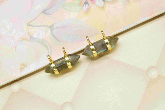 Labradorite 5x15mm Point Pendant,Labradorite Bullet Pendant,Gemstone Double Bail Necklace,Double Bail Pendant with Electroplated Gold Band
