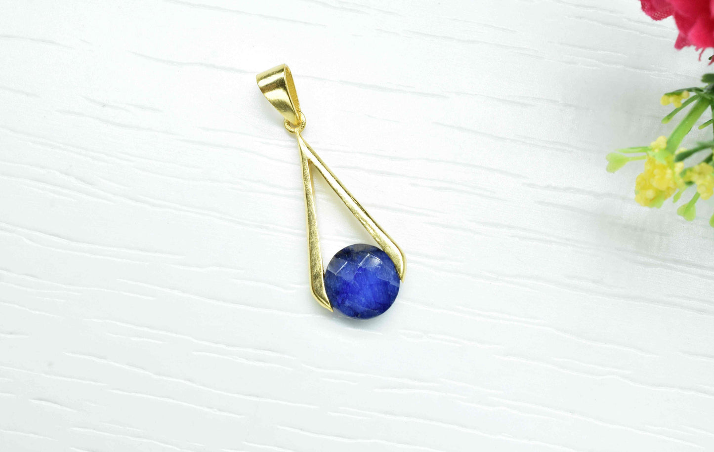 Sapphire  , Single Bail Charm , Sapphire   Connector Pendant , Gold Plated Connectors , Single Bail Checker Cut Gemstone Connector