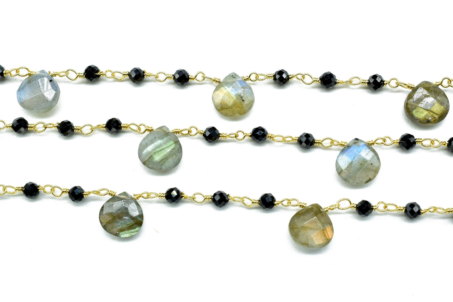 3-3.5 mm Black  Rosary Chain,Black Onyx Faceted Beaded Chain,Wire Wrapped Silver Plated Chain,labradorite briolette rosary ,dual gemstone ,