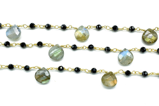 3-3.5 mm Black  Rosary Chain,Black Onyx Faceted Beaded Chain,Wire Wrapped Silver Plated Chain,labradorite briolette rosary ,dual gemstone ,