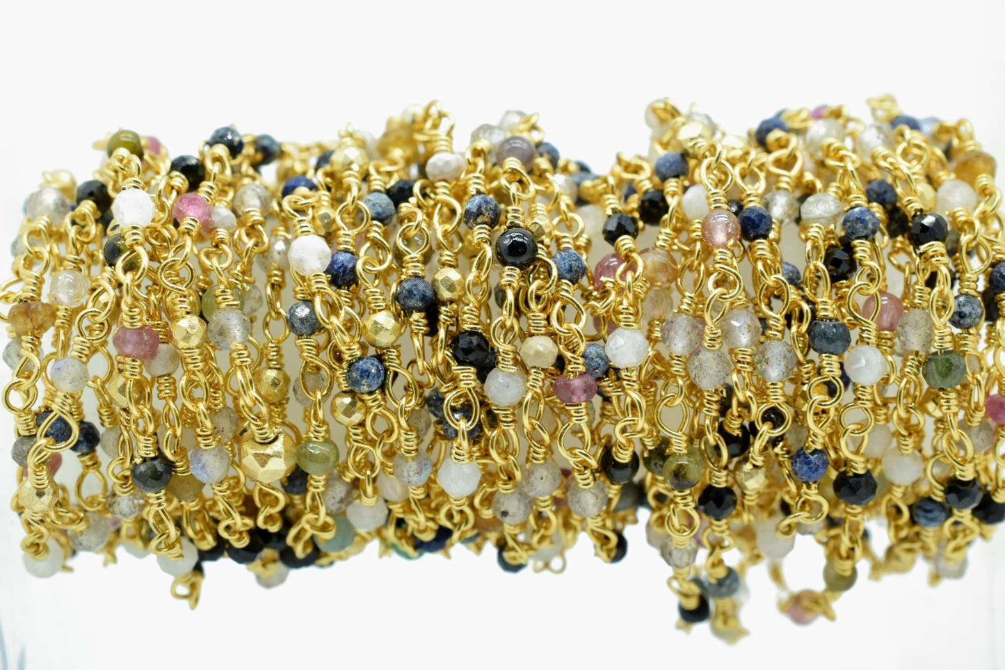 Multi Stones 2mm Beaded Chain,Multi Stones Rosary Chains,Gold Plating Wire Wrap Chain,Brass chain,Jewelry Making Chain,Multi Stones chains,