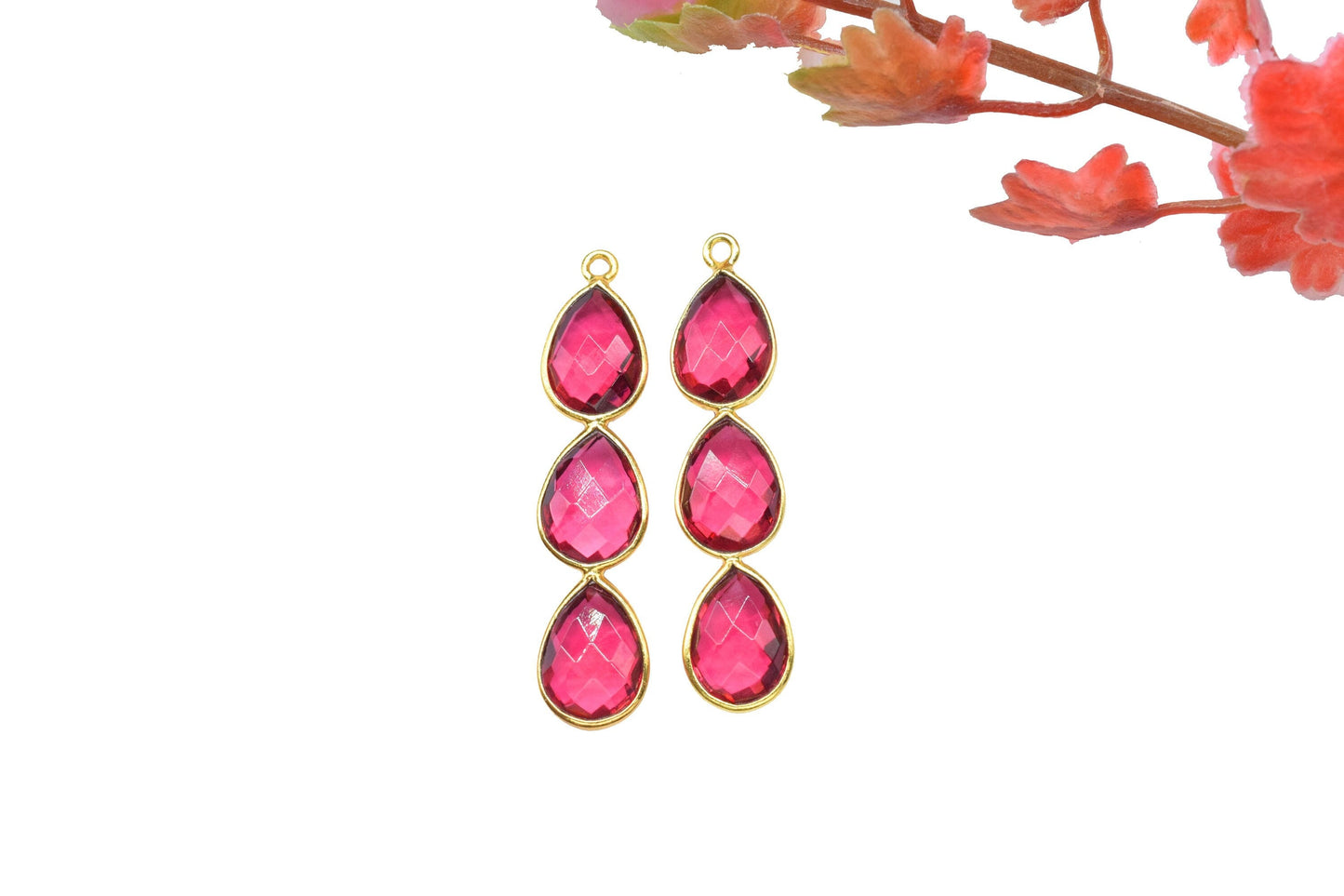 Three Stone Bezel Pendants,Gemstone Teardrop Charms,Handmade Beads Jewelry,Components Earring Connector,Single bail Station Bezel Link,Gift