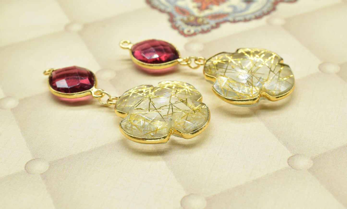 Pink Tourmaline Dangle Component pendant,Multi Stone Dangle Earring,Clover Shape Pendants,Gold Rutile pendant Charms,Gemstone Bezel pendant