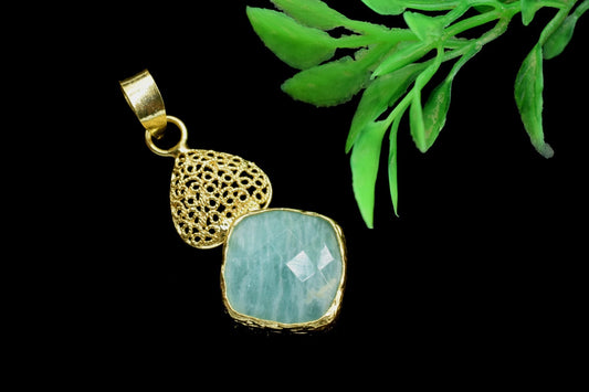Amazonite Gold Plated Turkish Finished Pendant,Amazonite Necklace,Big Amazonite Pendants,Mint Green Gold Necklaces,Gift for Women & Girls
