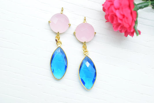 Rose Quartz Prong Bezel Charms Connector/Handmade Jewelry/Blue Topaz Jewellery/Earring Connector/Station Bezel Link Pendant/Women Jewelry