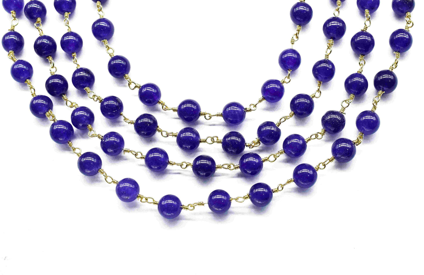 Dark Blue jade Bead Rosary Chain Jewelry,Dark Blue jade Wire Wrapped Gold Plating Bead Chain,Blue jade Smooth Gemstone 6mm Smooth Bead Chain