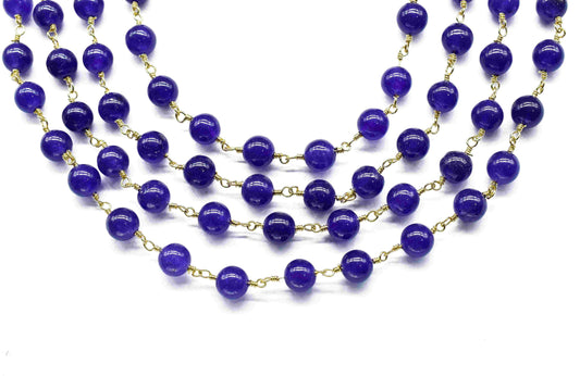 Dark Blue jade Bead Rosary Chain Jewelry,Dark Blue jade Wire Wrapped Gold Plating Bead Chain,Blue jade Smooth Gemstone 6mm Smooth Bead Chain