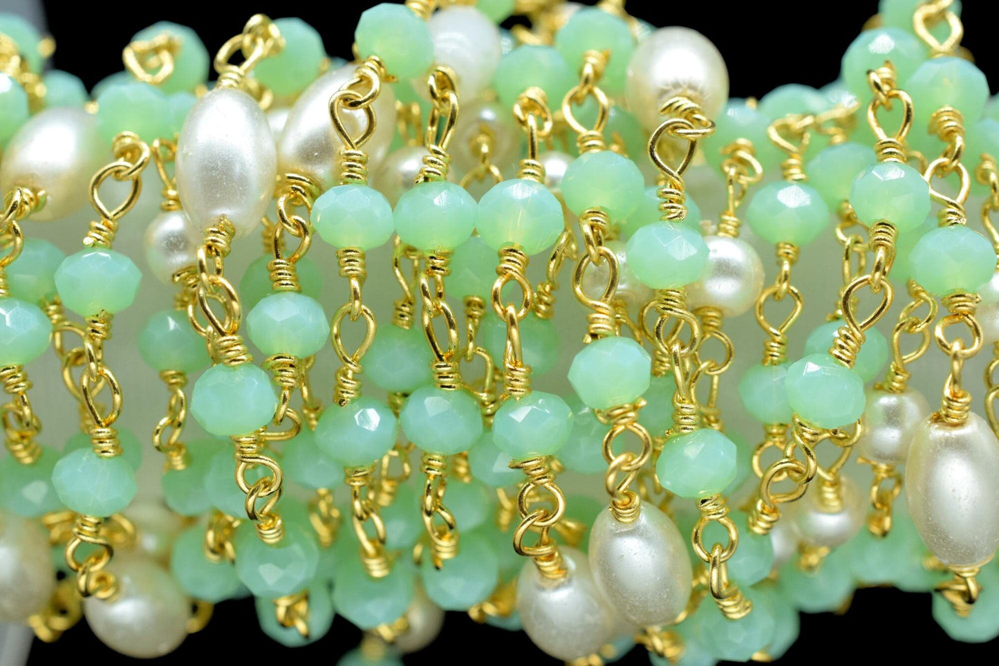 Aqua Chalcedony Hydro Faceted Rondelle Beaded Rosary Chain,Gold Plated Rosary Chain,Finding Wire Wrap Necklace Chain,Pearl Rosary Chain Gift