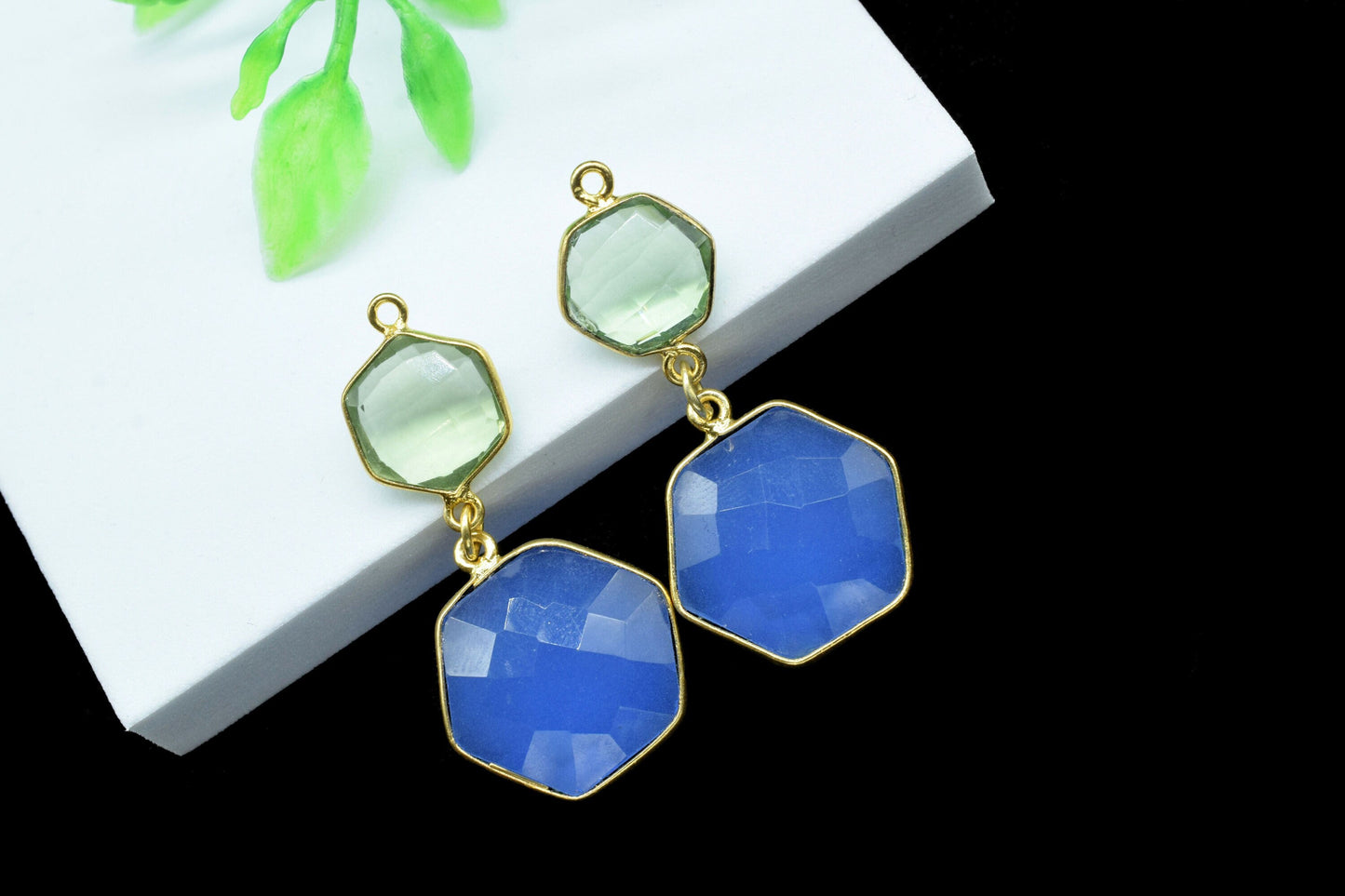 Blue chalcedony Dangle Component Charms,Multi Stone Dangle Earring,Handmade Necklace Connector,Green Amethyst pendant,Gemstone Bezel pendant