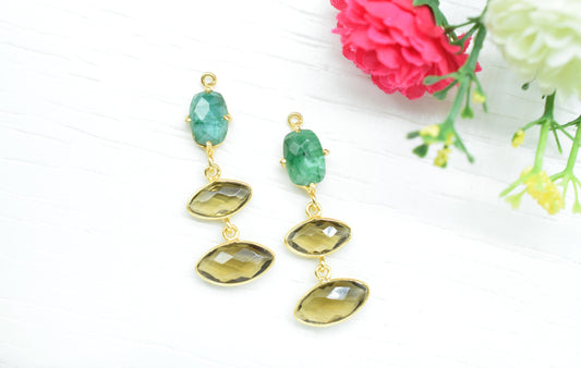 Emerald Bezel Charm Connector/Station Bezel Link Pendant/Prong Bezel Jewelry/Connector/Handmade Jewelry/Smoky Quartz Pendant/B'day Gift