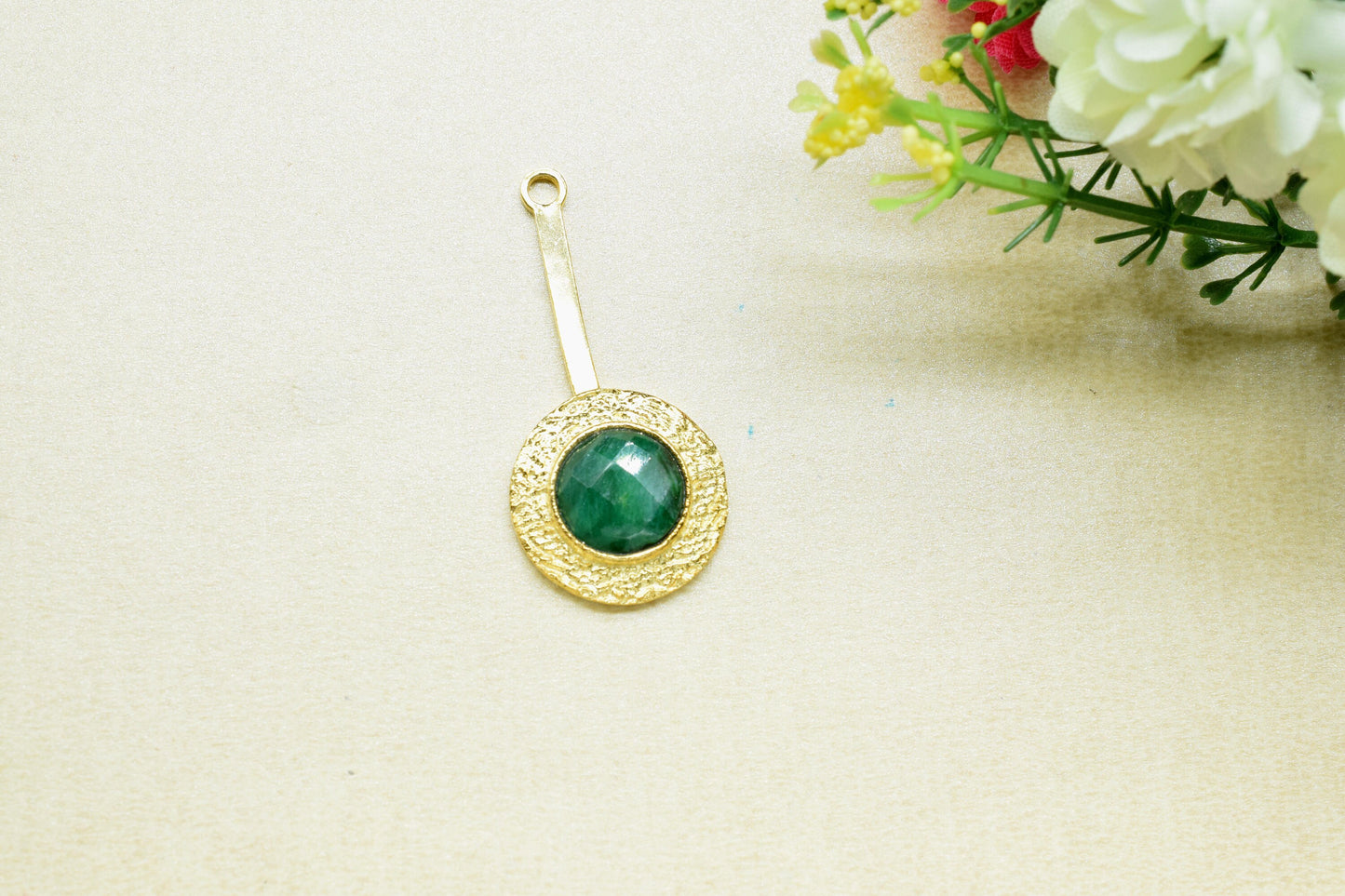 Emerald Pendant , Emerald Gemstone Handmade Pendant ,Single Bail Checker Cut Gemstone Connector, Gold Plated Connectors