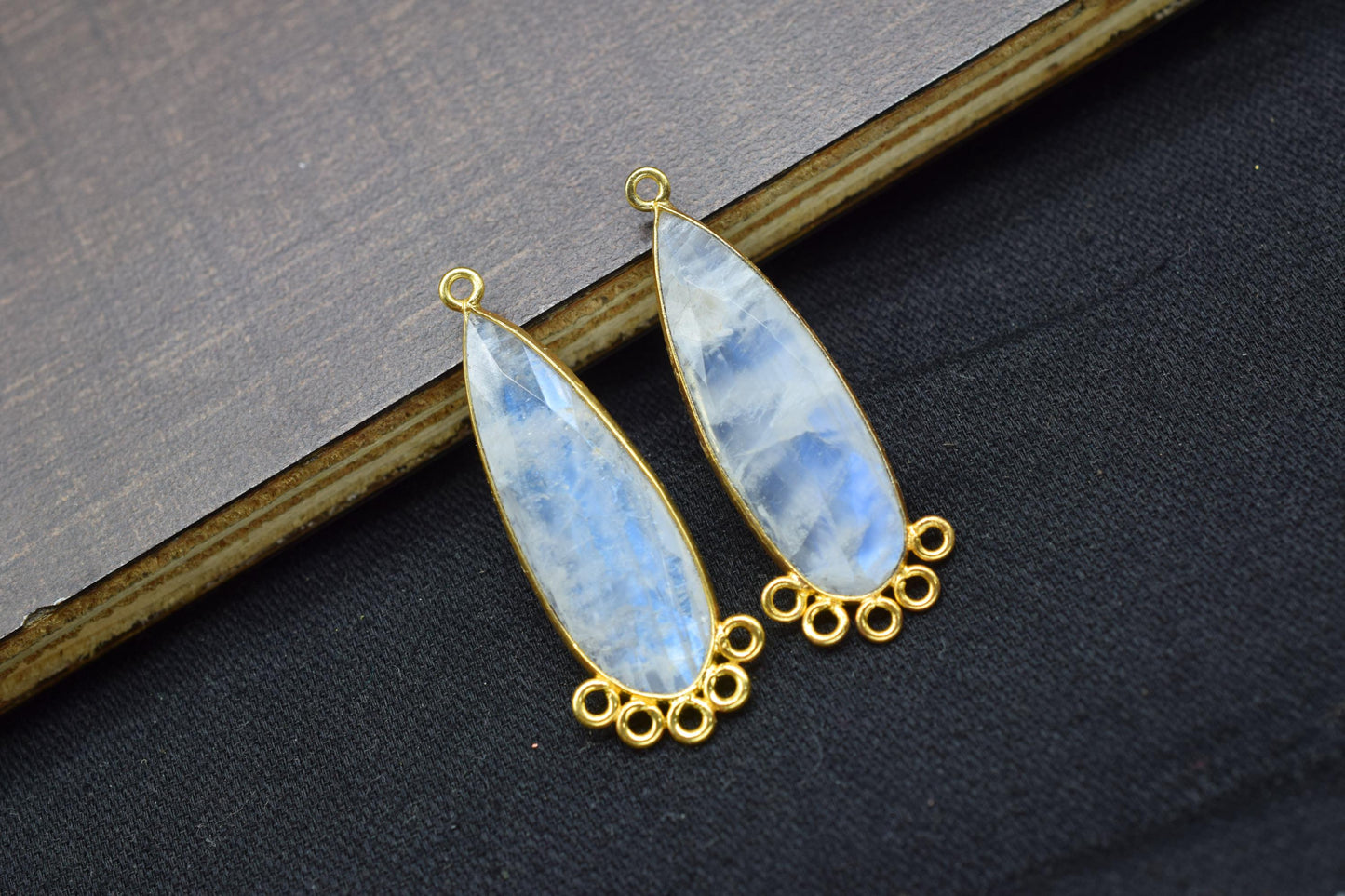 Moonstone 10x30mm Teardrop Bezel Charm/Charms Connector/Handmade Jewellery Connectors/Gemstone Brass Component/Women Jewelry/Gift