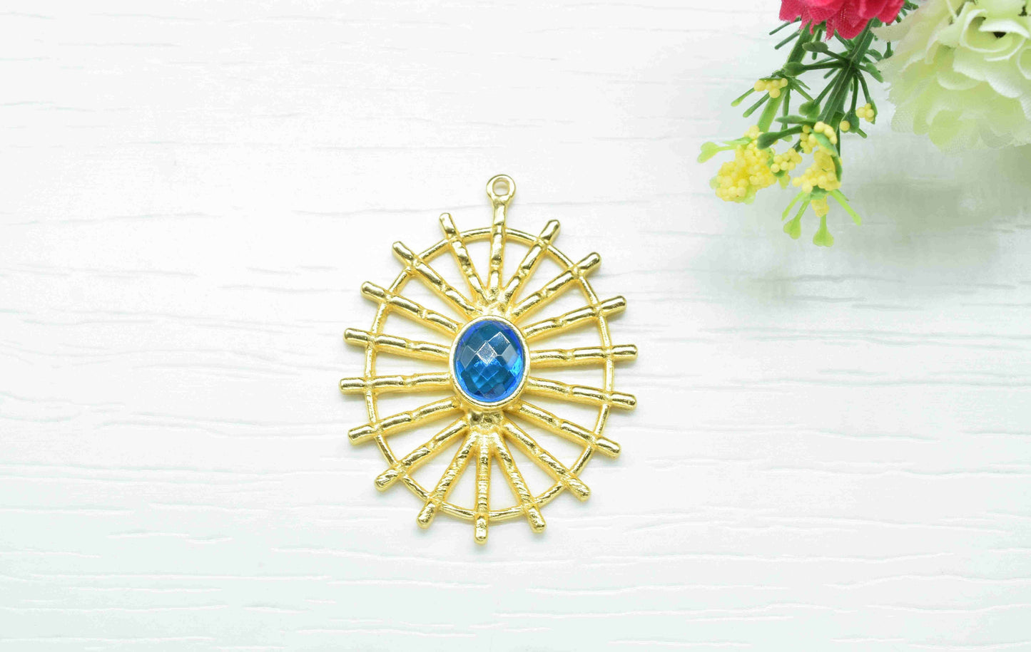 Blue Topaz  Gemstone Component Single Bail Charm, Blue Topaz  Connector Pendant, Gold Plated Connectors ,Pendant Jewelry, Earring Component