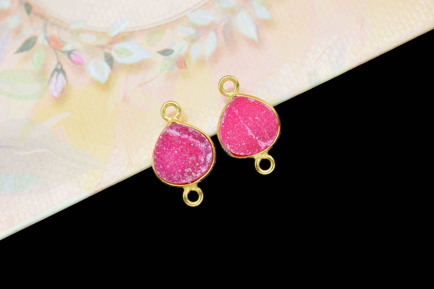 Pink Druzy Gemstone Pendant,Druzy 8mm Heart Shape Component,Double Bail Pendant Jewellery,Electroplated Connector Earring Jewelry DIY Making