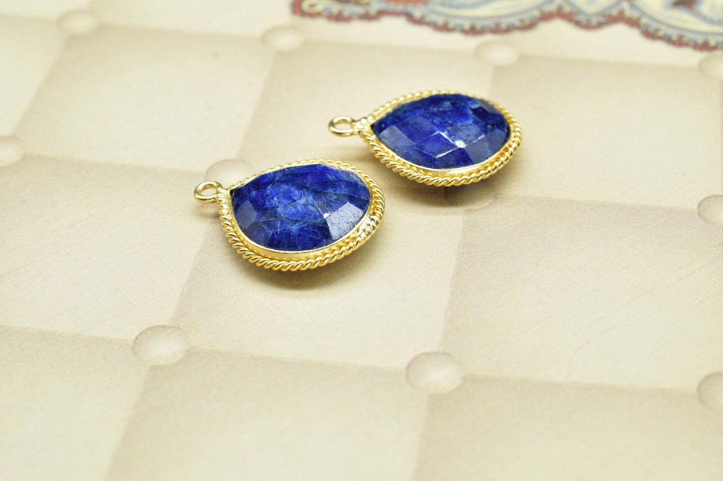 Blue Sapphire Charms 14mm Heart Shape Pendant,Sapphire Bezel Connector Gold Plated Jewelry,Sapphire Single Bail Connector,Sapphire Connector