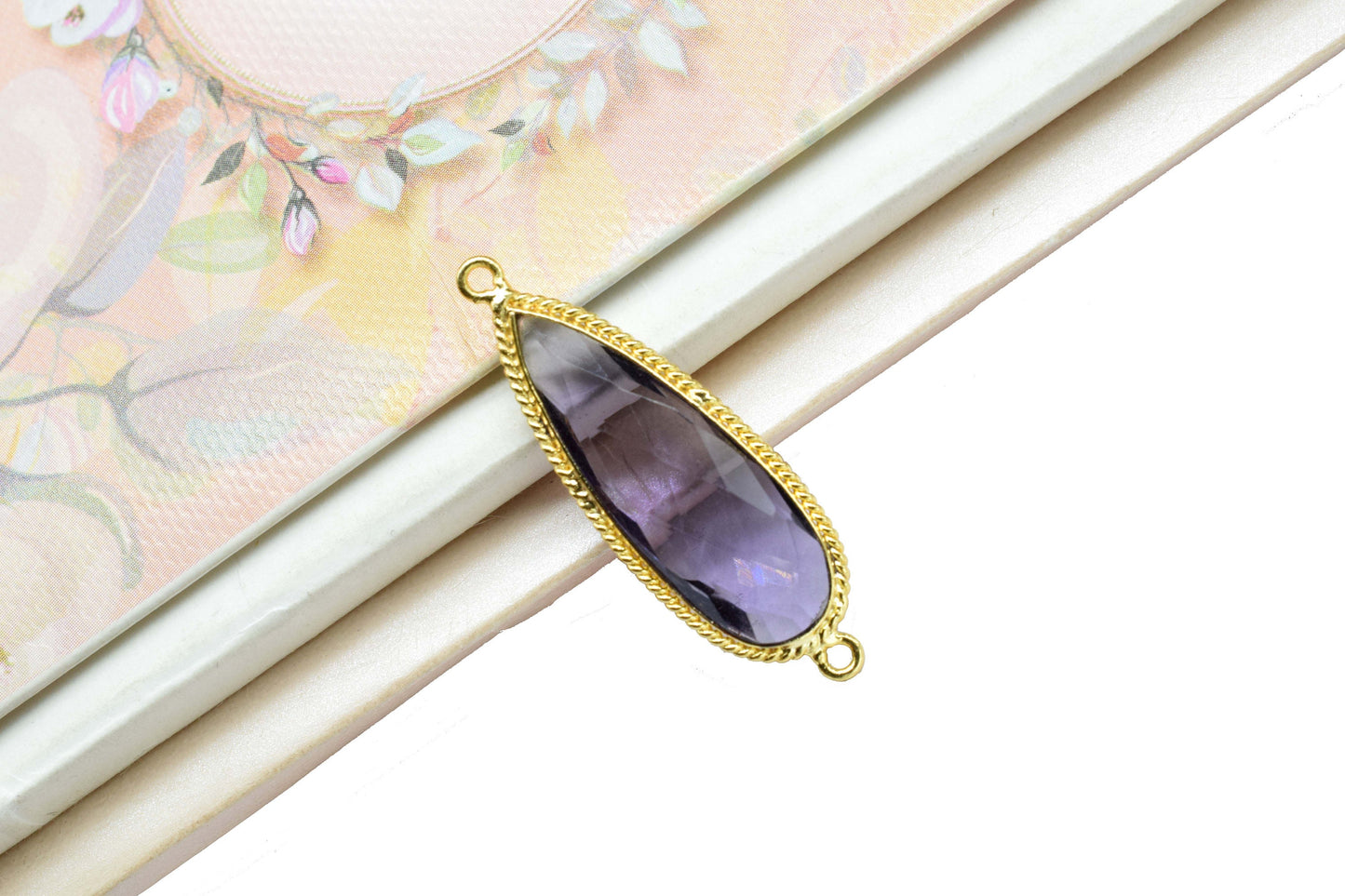 Amethyst Quartz Gemstone 10x30mm Teardrop Shape connector,Amethyst Gold Plating Double bail connectors,Amethyst charms Pendant Jewelry,Gift