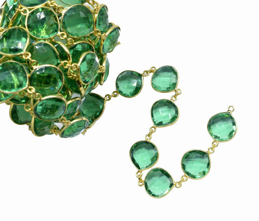 Emerald Quartz 12mm Heart Shape Bezels Chain,Emerald Checker Cut Gemstone Bezel Connector Chain,Handmade Heart Shape Connector Jewelry Chain