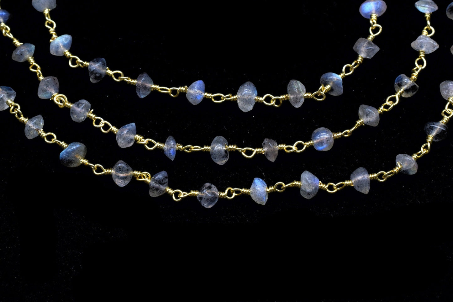 Labradorite 4mm Smooth rondelle Beaded Chain,Labradorite Gold Rosary Chain,Gemstone Chains By the Foot for Rosary Necklace,Rosary Roll Bulk4