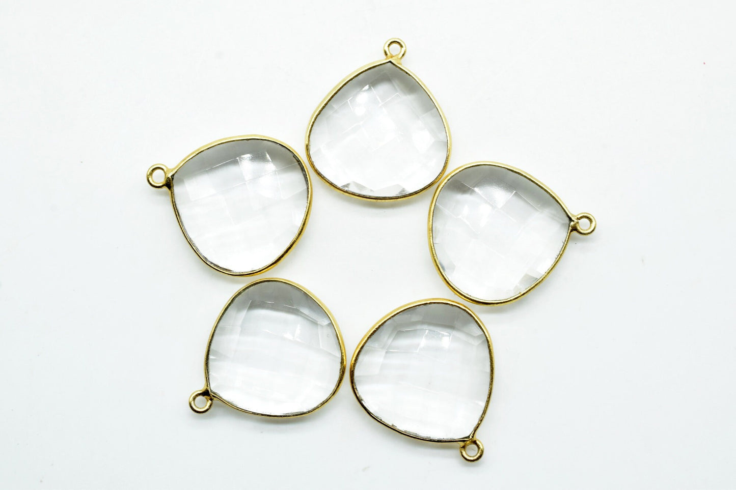 Crystal 20mm Heart Shape Charm,Crystal Quartz Bezel,Crystal Heart Shape Connector,Crystal Heart Pendant 24k Gold Plated,Single flat Bail 1pc