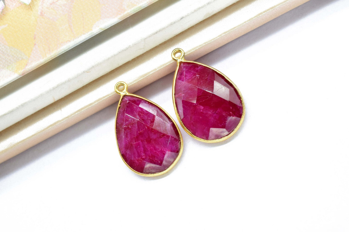 Ruby 13x18mm Bezel charm,Ruby Teardrop pendant,Ruby Gold Plated bezel,Hot Selling Ruby Single Bail Connector,Ruby Pendant,Ruby connectors