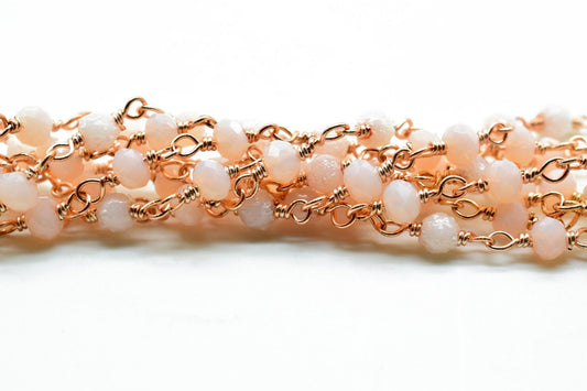 Peach Moonstone Chalcedony Hydro Faceted Wire Wrapped Beaded Rosary Chain,Brass chainJewelry Making Chain Rosary chain,gemstone beaded chain