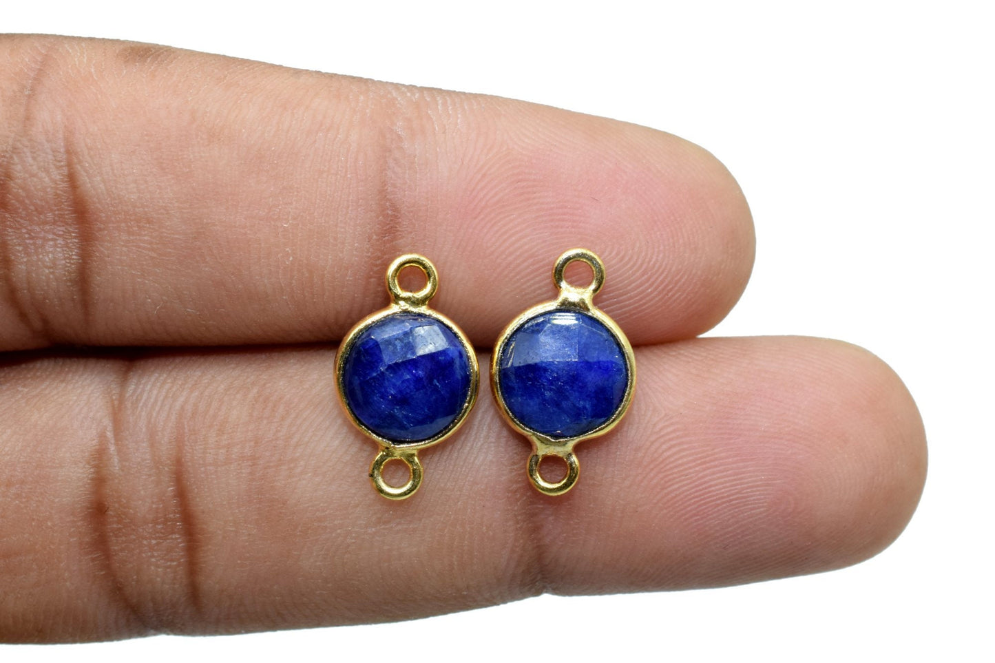 Genuine Blue Sapphire 8mm round double bail connectors,Sapphire Pendant,Sapphire Round Gold Plated bezel,jewelry making Connector,Jewelry