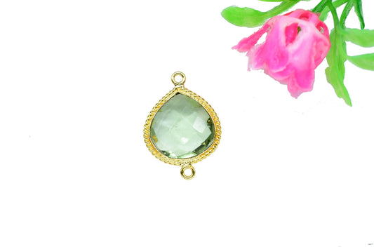 Green Amethyst Charms Double Bail Pendant,Green Amethyst Brass connector Gold Plating Jewelry Making,Amethyst Quartz 14mm Heart Shape charms