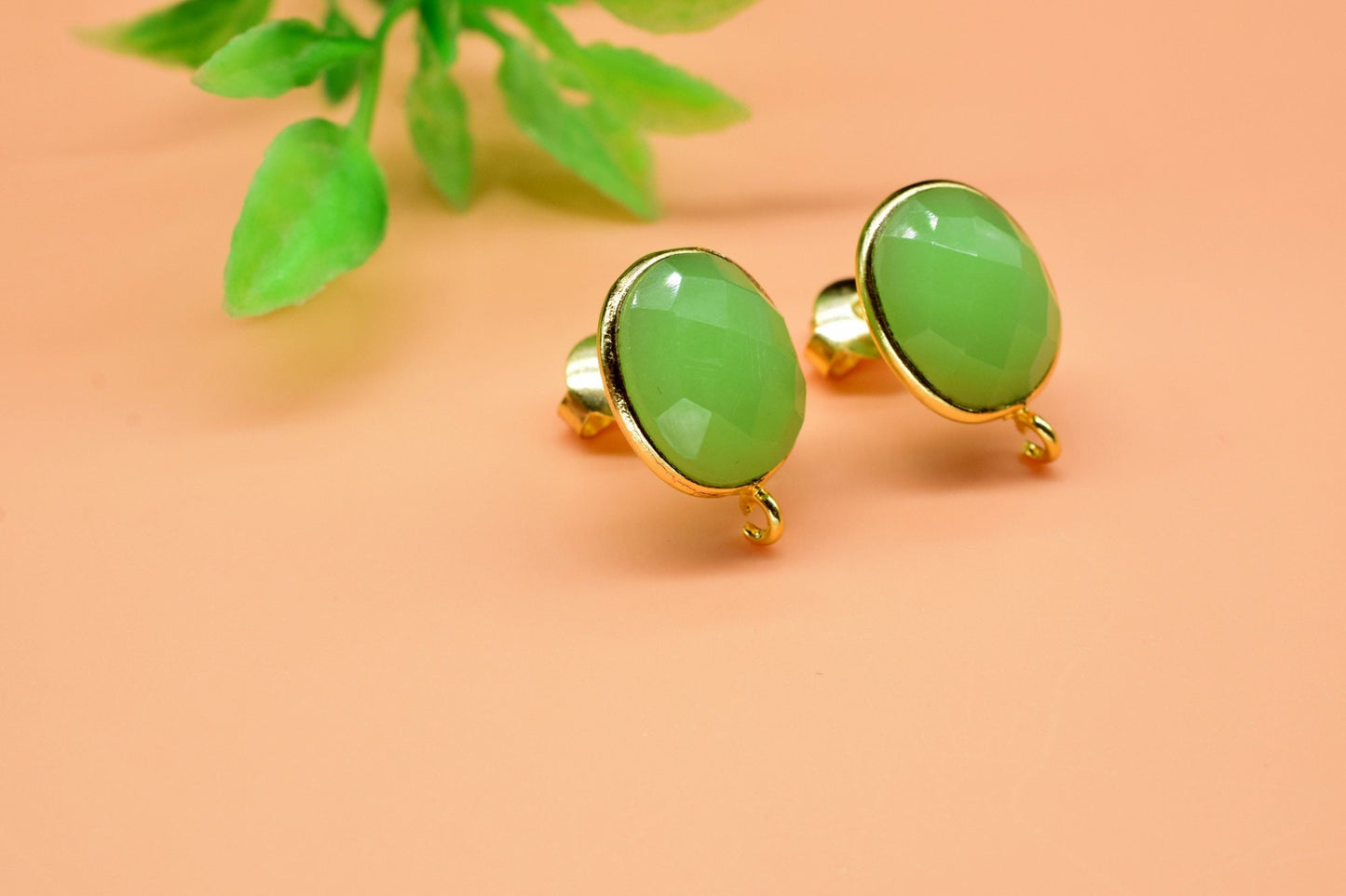 Chrysoprase 10x12mm oval Earring Connector,Jewelry,bezel frame Connector, Post Studs Connectors,Chrysoprase Ear Studs,Oval Earring Connector