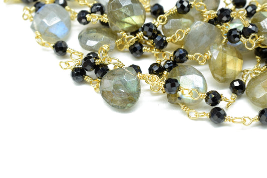 3-3.5 mm Black  Rosary Chain,Black Onyx Faceted Beaded Chain,Wire Wrapped Silver Plated Chain,labradorite briolette rosary ,dual gemstone ,