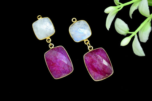 Natural Ruby Component pendant,Multi Stone Dangle Earring,Rainbow Dangle pendant Charm,Gemstone Connector,Square Shape Pendant Jewelry Gift