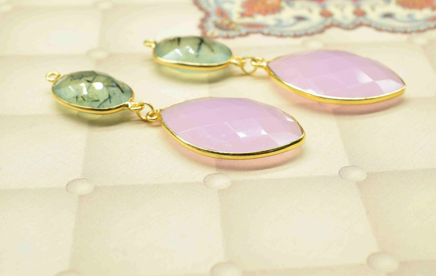 Prehnite Dangle pendants,Handmade jewelry,Rose Quartz pendant Charms,Component pendant,Station Link,Multi Gemstone Connector,Bezel Jewelry