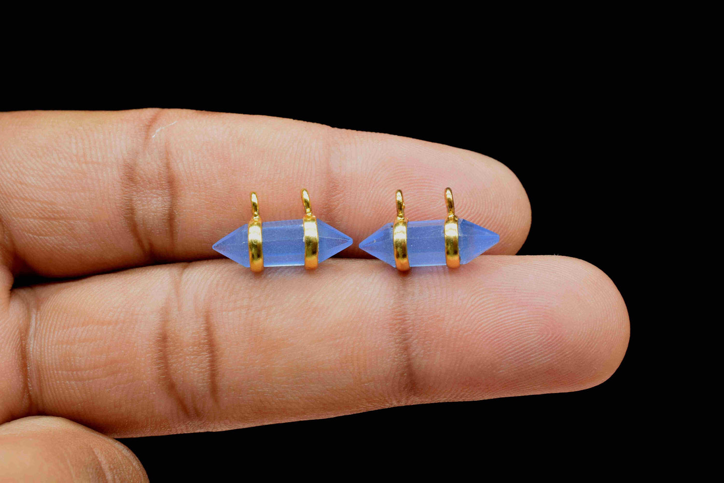 Natural Blue Chalcedony Faceted Double Terminated Points Pendant,Chalcedony 5x15mm Double Terminated Jewelry, Gold Plated Band Pendant,Gift