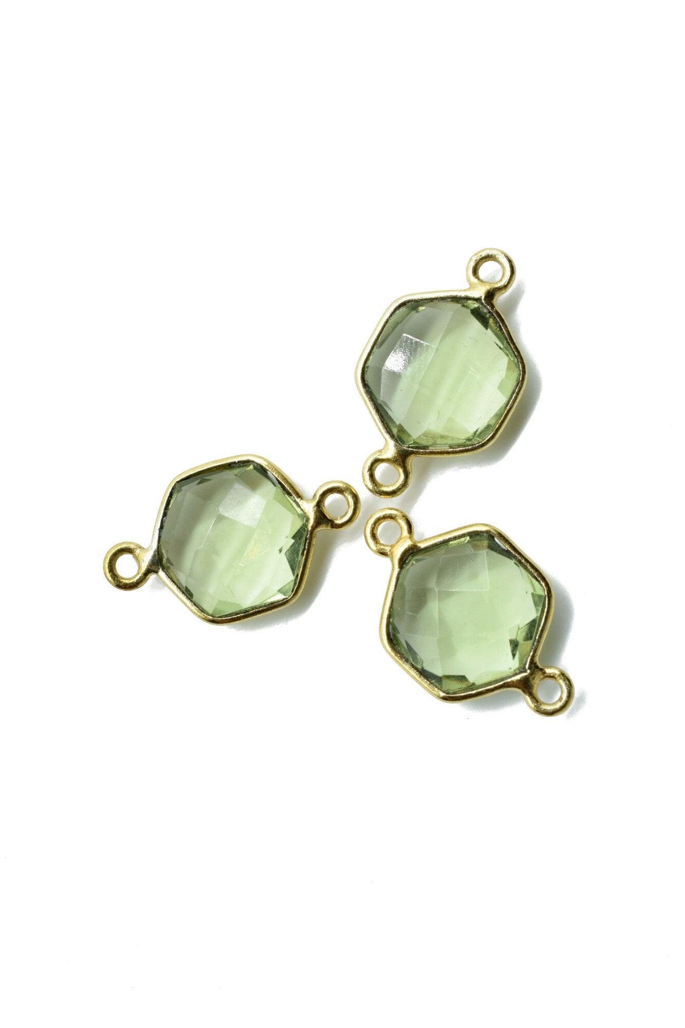 Green Amethyst 10mm Hexagon Shape Pendant,Gold Plated double Bail Gemstone Connector,Faceted Hexagon Shape Gemstone Bezel,Hexagon Pendants