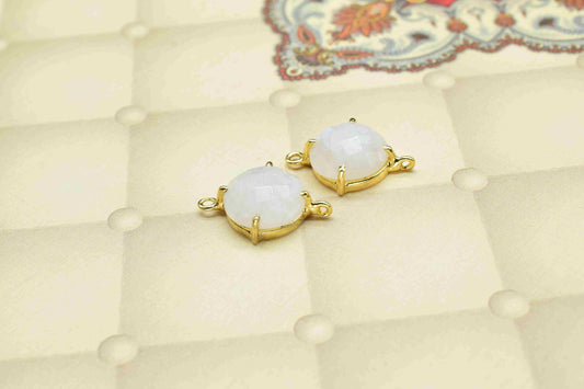 Rainbow Moonstone Round Connector,double bail connector,Rainbow Beads jewelry,Handmade Gemstone Bezel,Moonstone Prong Bezel Charms Gift for