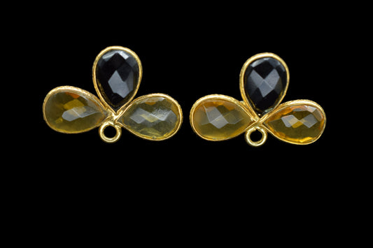 Black Onyx Gemstone Earring Connector/Gold Plated Jewelry/Citrine Handmade Jewelry/Bezel Component/Jewelry making Stone/Pear Shape Stone