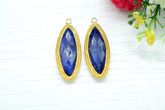 Blue Sapphire 10x30mm Bezel Charm,Gemstone connector,Marquise Shape Charm,Single Bail Pendant,Handmade Component Pendant,Sapphire Jewelry