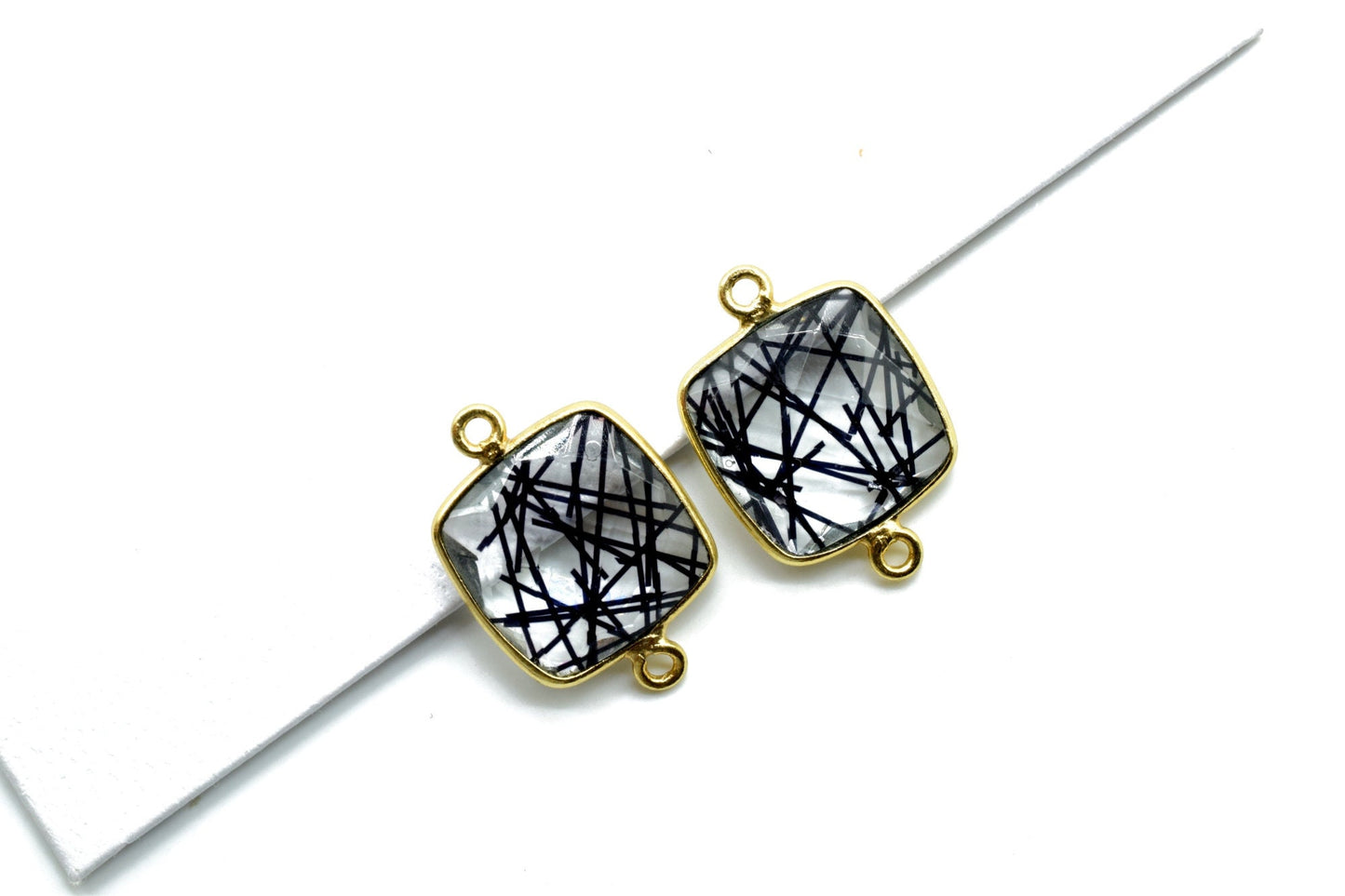 Black Rutile 14mm Cushion double bail connectors,Black Rutile Components, Cushion dual loop Connectors,Black Rutile Brass Gold Edge Jewelry
