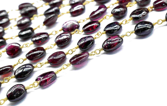 Garnet Gemstone 6x8mm To 6x10mm Oval Bead Chain,Garnet Brass Wire Wrapped Link,Garnet Beads Rosary Chain,Garnet Wire Wrapped Rosary Chain