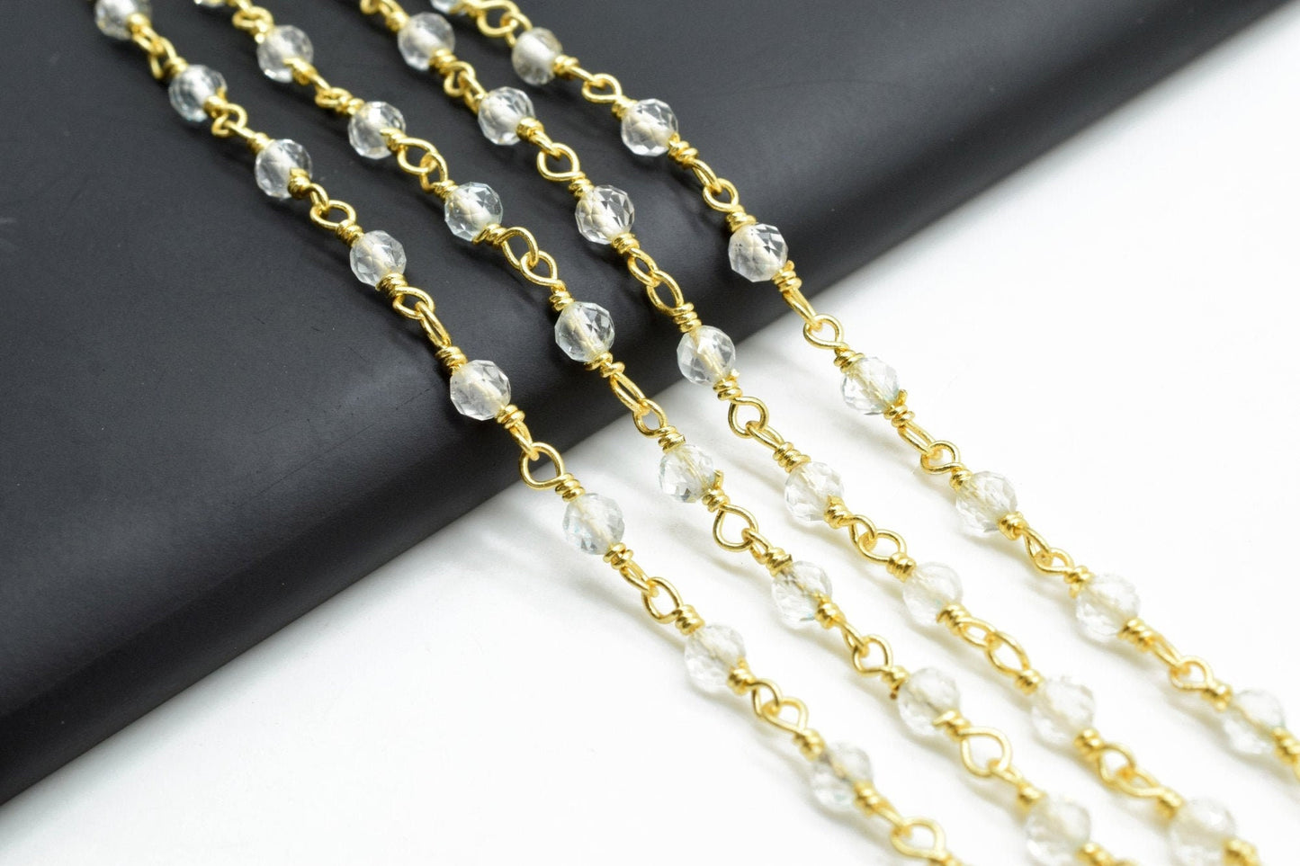 Crystal 3mm Beaded Chain,Rosary Bead, Cut Glass, Super Sparkly, By Foot, Wrapped Brass Wire, Necklace, Bracelet,Easy Open Eyepin gold Chain