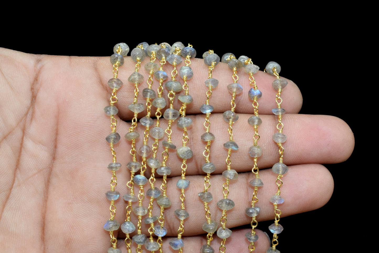 Labradorite 4mm Smooth rondelle Beaded Chain,Labradorite Gold Rosary Chain,Gemstone Chains By the Foot for Rosary Necklace,Rosary Roll Bulk4