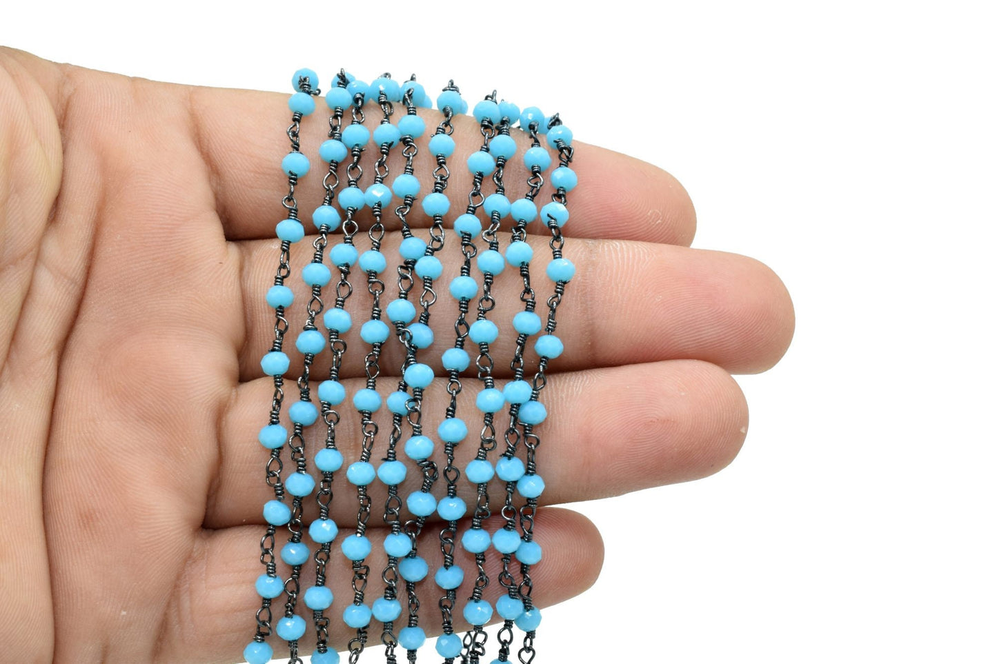 Turquoise Agate 3mm Beaded Chain,Turquoise Faceted Beads Wire Wrapped Chain,Brass chains,Jewelry Making Chain,Turquoise Beads rosary Chain