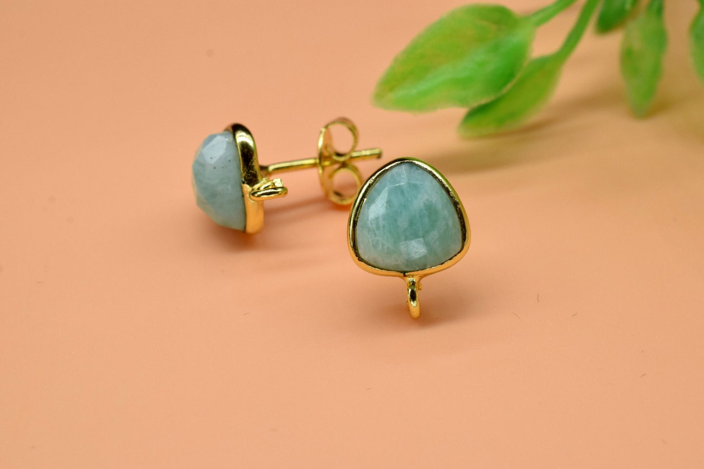 Amazonite 8mm Trillion Earring Connector,Gemstone Stud Ear Post,Earring Making Connector,Bezel frame Earrings Connector,Gemstone  Connector
