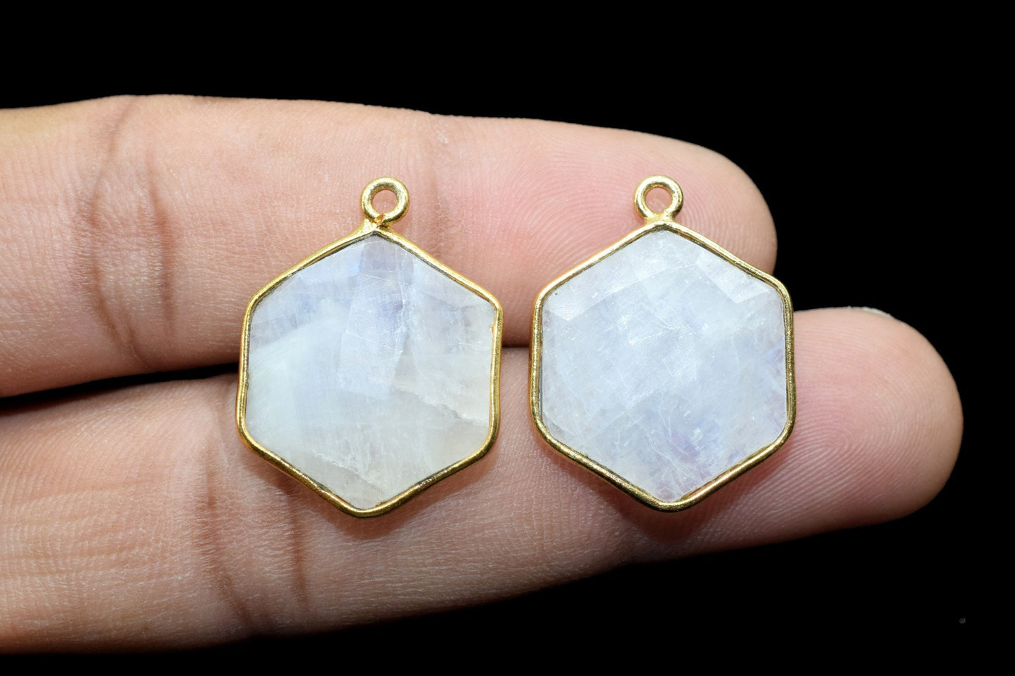 Moonstone 16mm Hexagon shape single loop connectors,Moonstone Pendant,White Rainbow bezel link,Gemstone Hexagonal Cone Charm,Minimal Stone